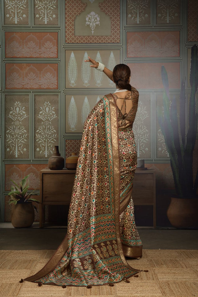 Brown Woven with Printed Silk Saree (ACA8324)