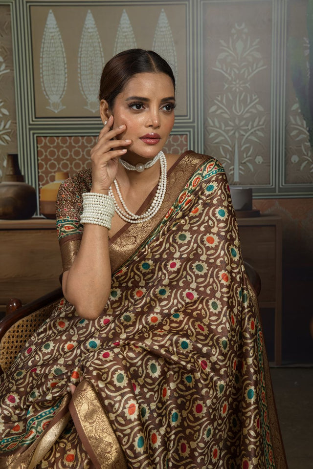 Brown Woven with Printed Silk Saree (ACA8324)