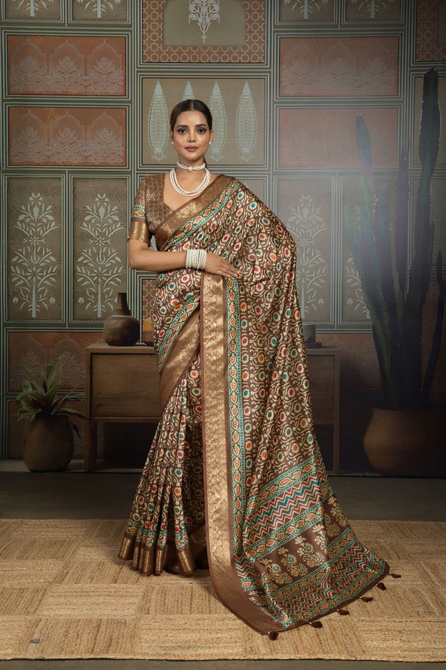 Brown Woven with Printed Silk Saree (ACA8324)