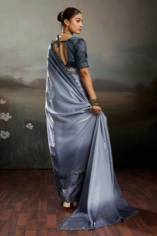Grey Solid With Embroidered Border Satin Saree (ACA8325)