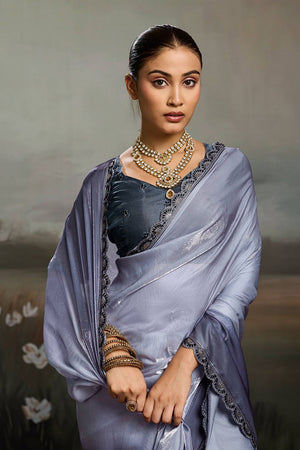 Grey Solid With Embroidered Border Satin Saree (ACA8325)