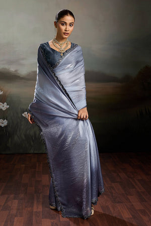 Grey Solid With Embroidered Border Satin Saree (ACA8325)