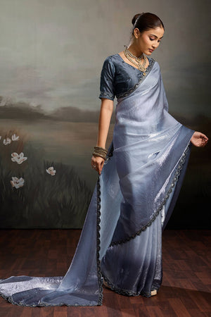 Grey Solid With Embroidered Border Satin Saree (ACA8325)