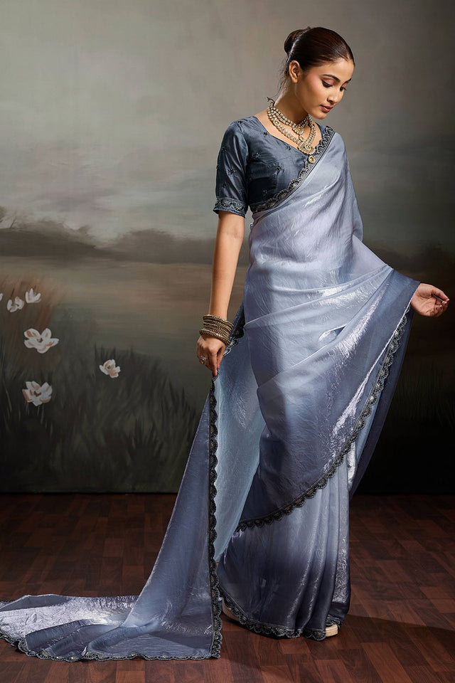 Grey Solid With Embroidered Border Satin Saree (ACA8325)