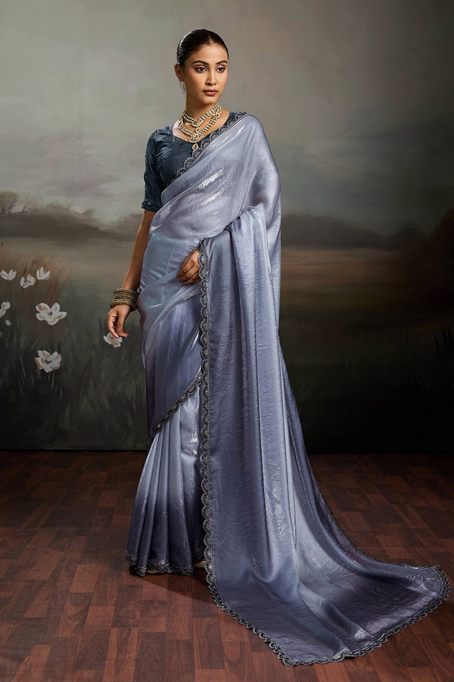 Grey Solid With Embroidered Border Satin Saree (ACA8325)