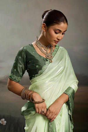Green Solid With Embroidered Border Satin Saree (ACA8326)