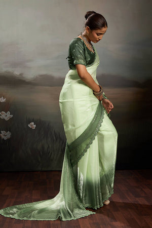 Green Solid With Embroidered Border Satin Saree (ACA8326)