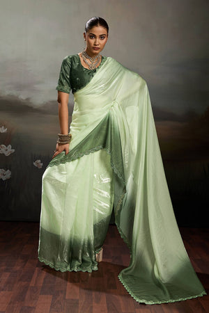 Green Solid With Embroidered Border Satin Saree (ACA8326)