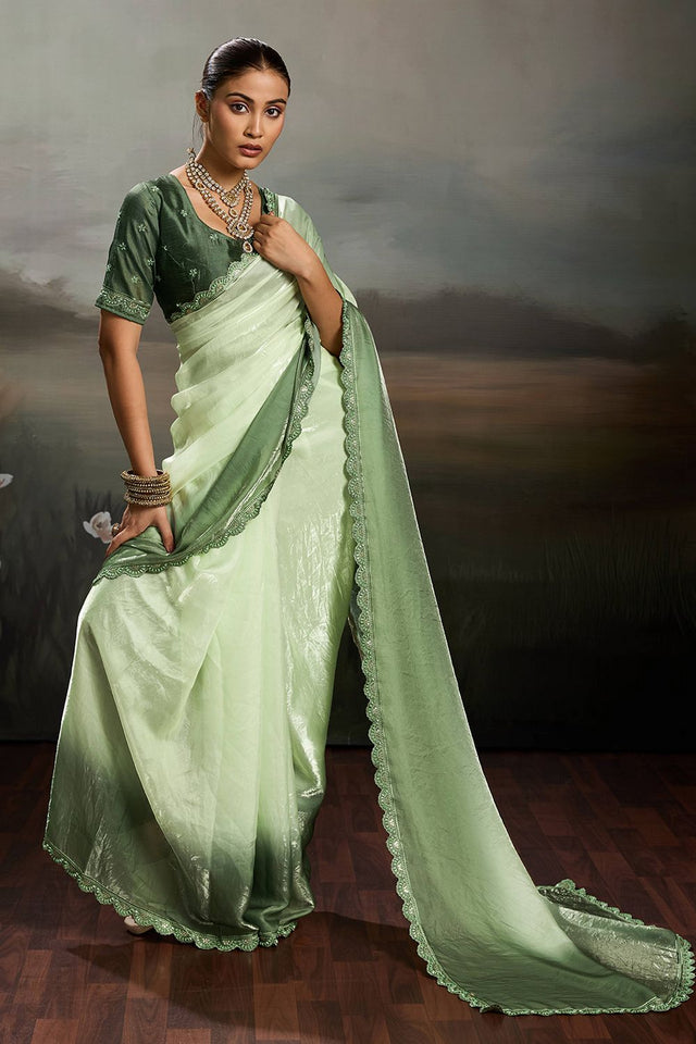 Green Solid With Embroidered Border Satin Saree (ACA8326)