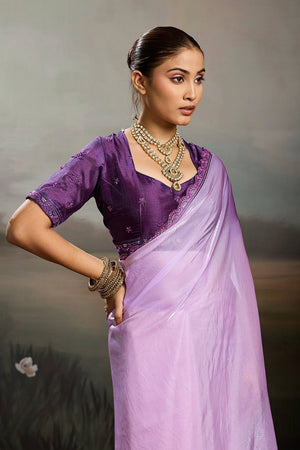 Violet Solid With Embroidered Border Satin Saree (ACA8327)