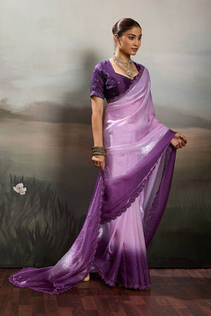 Violet Solid With Embroidered Border Satin Saree (ACA8327)