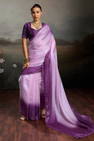 Violet Solid With Embroidered Border Satin Saree (ACA8327)