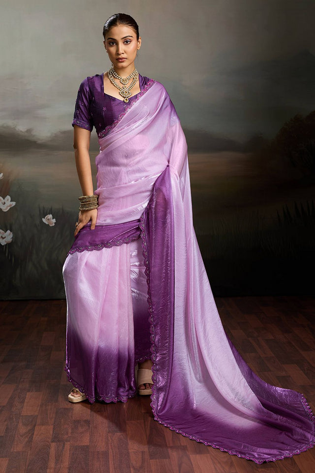 Violet Solid With Embroidered Border Satin Saree (ACA8327)