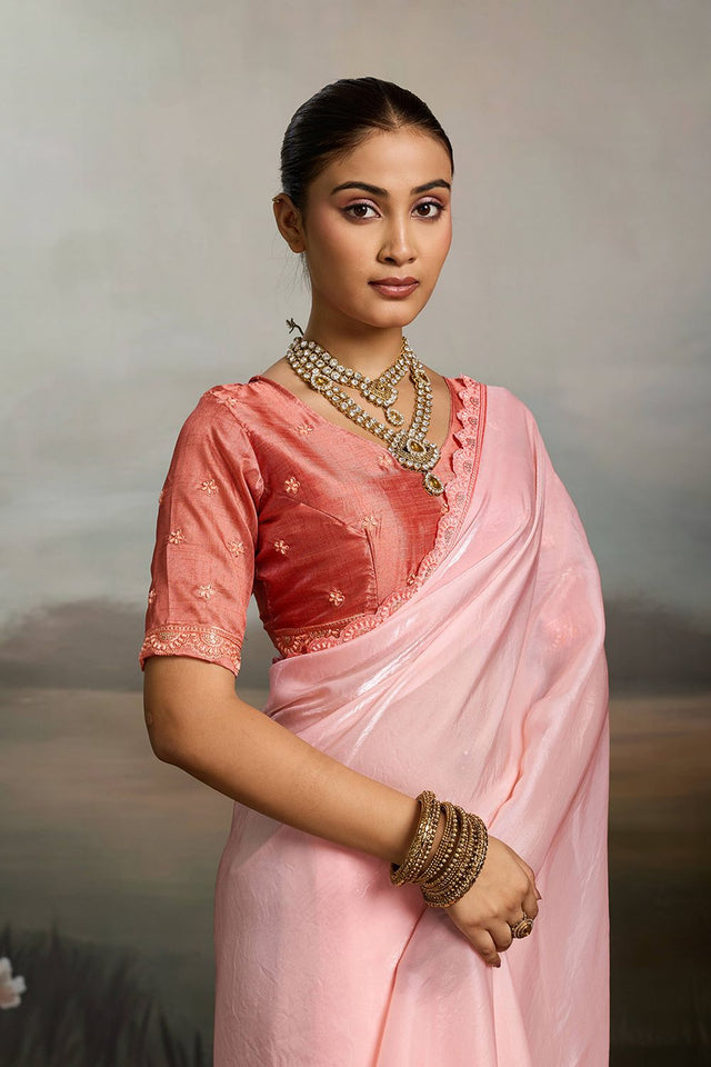 Pink Solid With Embroidered Border Satin Saree (ACA8328)
