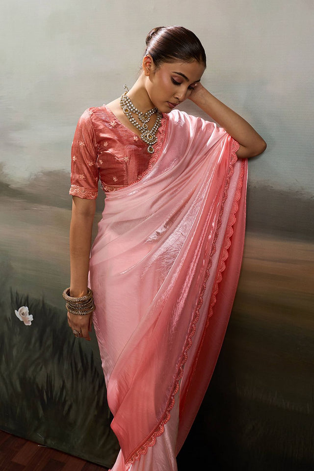Pink Solid With Embroidered Border Satin Saree (ACA8328)