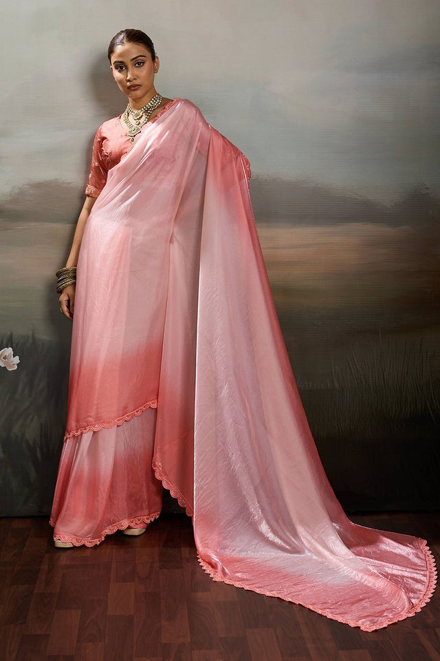 Pink Solid With Embroidered Border Satin Saree (ACA8328)