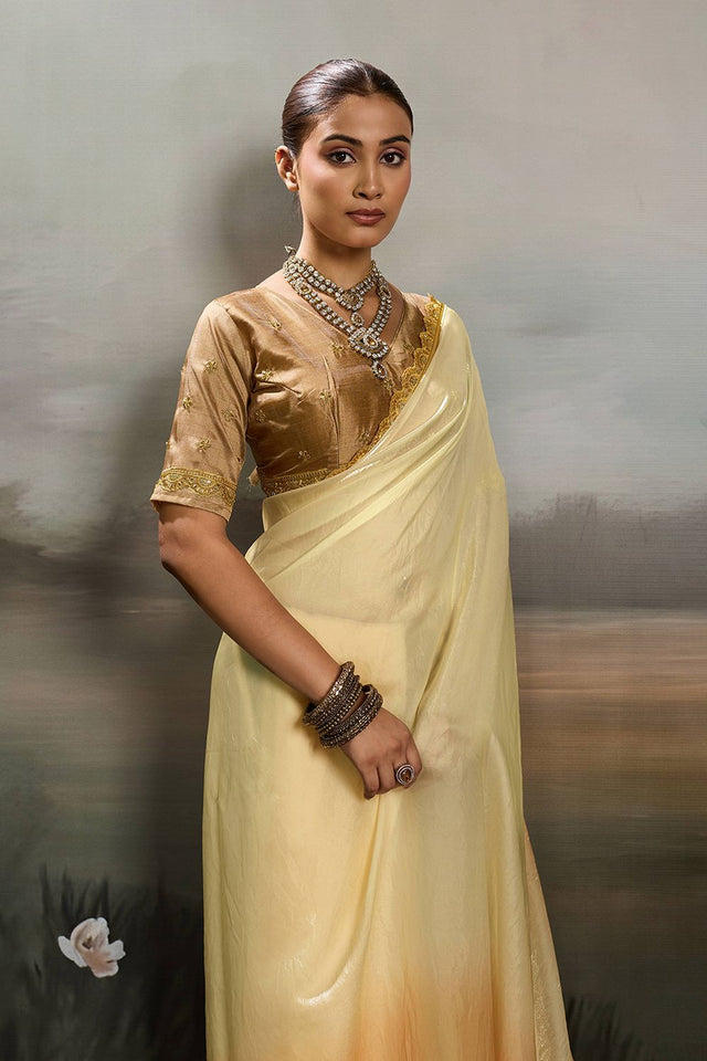 Yellow Solid With Embroidered Border Satin Saree (ACA8329)