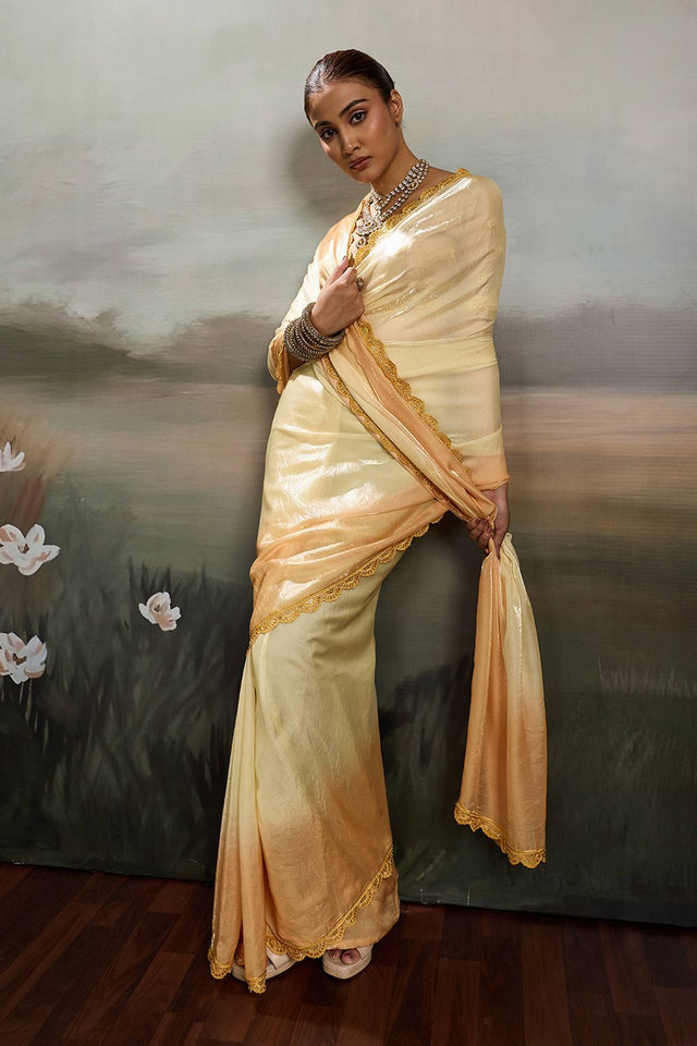 Yellow Solid With Embroidered Border Satin Saree (ACA8329)