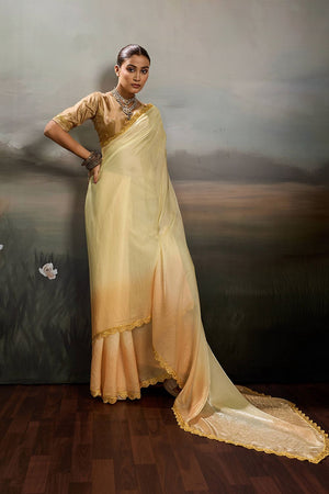Yellow Solid With Embroidered Border Satin Saree (ACA8329)