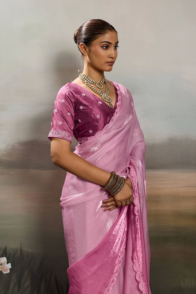 Pink Solid With Embroidered Border Satin Saree (ACA8330)
