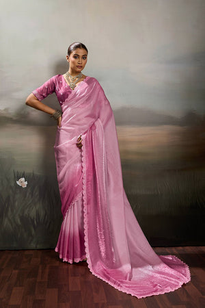 Pink Solid With Embroidered Border Satin Saree (ACA8330)