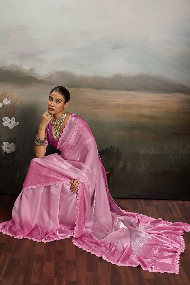 Pink Solid With Embroidered Border Satin Saree (ACA8330)