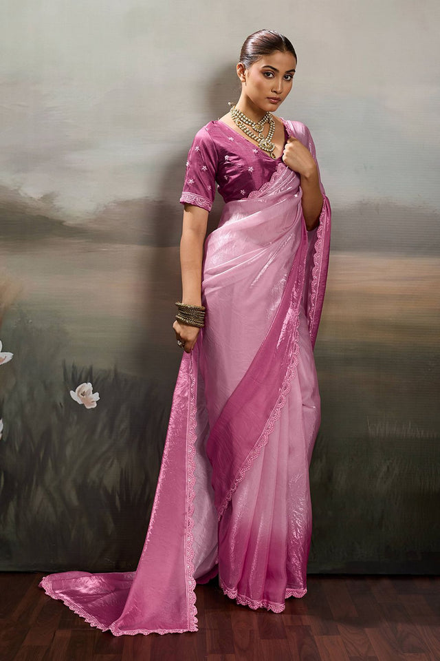 Pink Solid With Embroidered Border Satin Saree (ACA8330)