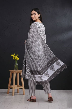 Grey Printed Cotton Kurti Pant Set (ACA8331)
