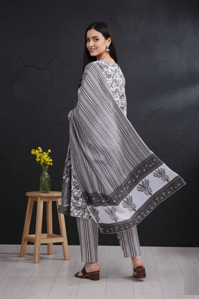 Grey Printed Cotton Kurti Pant Set (ACA8331)