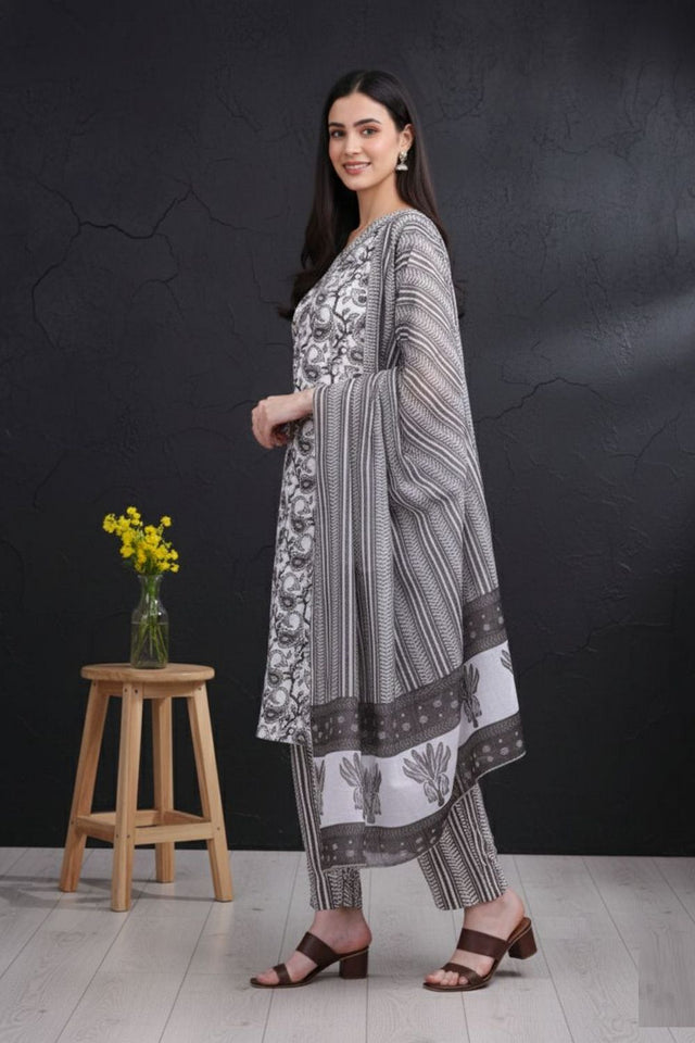 Grey Printed Cotton Kurti Pant Set (ACA8331)