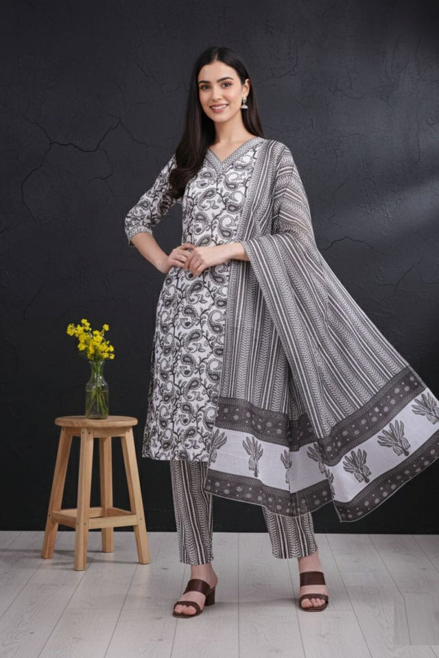 Grey Printed Cotton Kurti Pant Set (ACA8331)