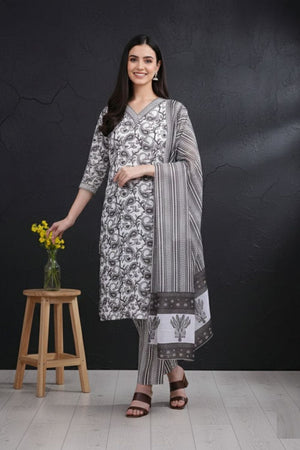 Grey Printed Cotton Kurti Pant Set (ACA8331)
