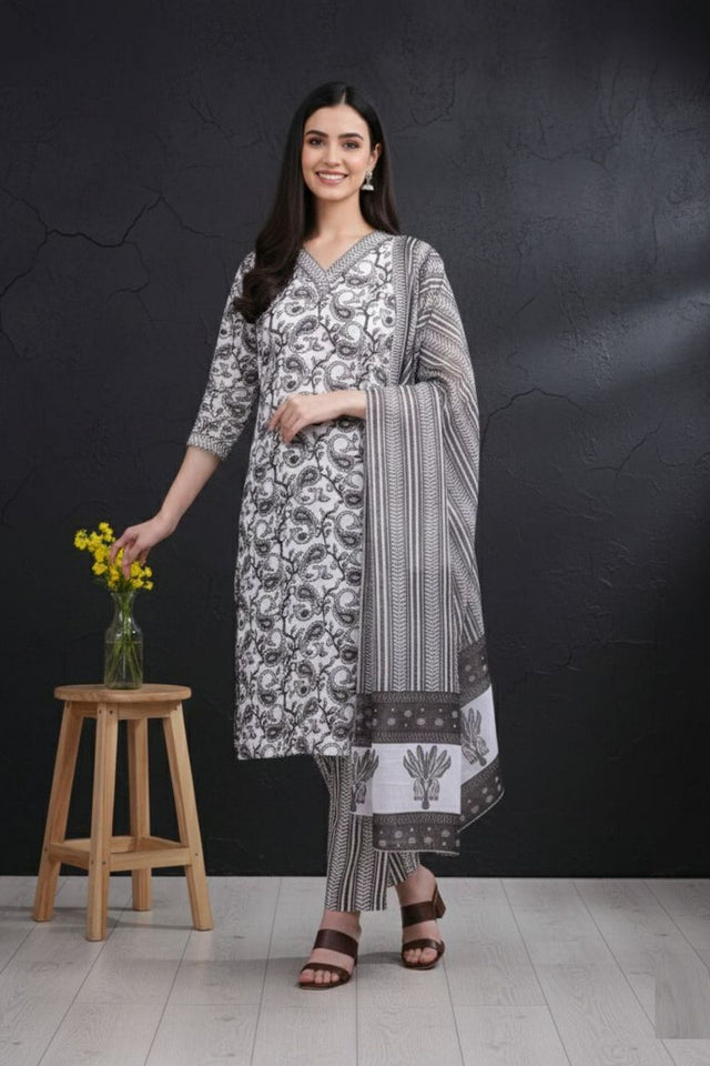 Grey Printed Cotton Kurti Pant Set (ACA8331)