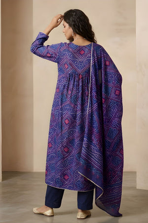 Blue Printed Silk Kurti Pant Set (ACA8332)