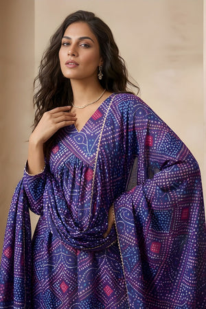 Blue Printed Silk Kurti Pant Set (ACA8332)