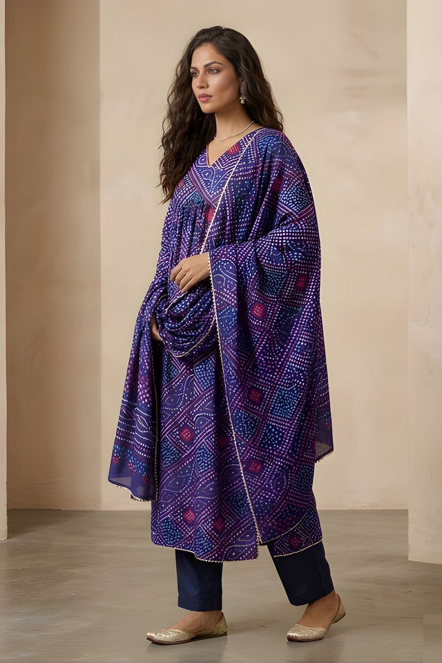 Blue Printed Silk Kurti Pant Set (ACA8332)