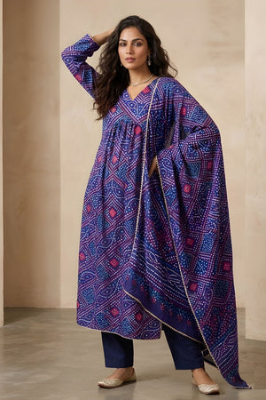 Blue Printed Silk Kurti Pant Set (ACA8332)