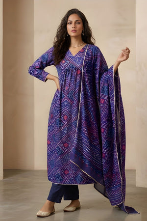 Blue Printed Silk Kurti Pant Set (ACA8332)