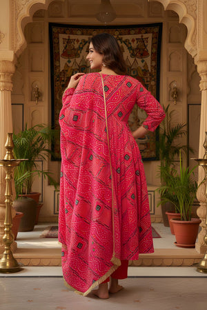 Red Printed Silk Kurti Pant Set (ACA8333)