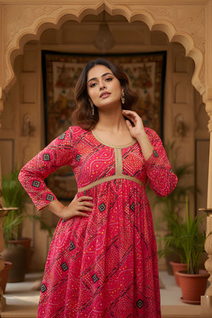 Red Printed Silk Kurti Pant Set (ACA8333)