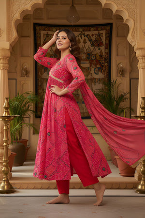 Red Printed Silk Kurti Pant Set (ACA8333)