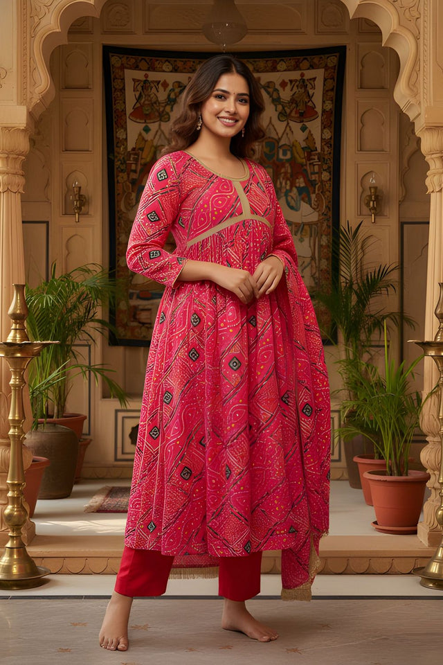 Red Printed Silk Kurti Pant Set (ACA8333)