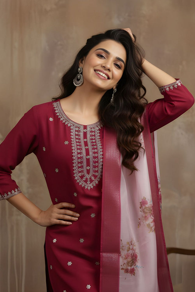 Maroon Floral Embroidered Silk Kurti Pant Set (ACA8334)