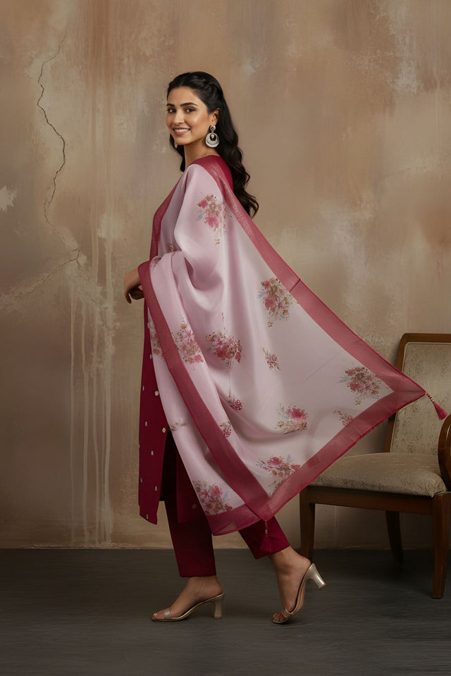 Maroon Floral Embroidered Silk Kurti Pant Set (ACA8334)