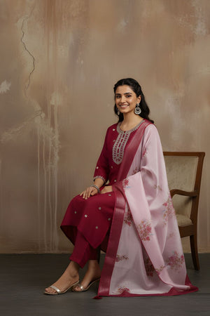 Maroon Floral Embroidered Silk Kurti Pant Set (ACA8334)