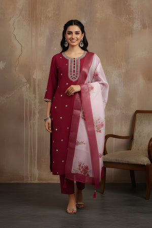 Maroon Floral Embroidered Silk Kurti Pant Set (ACA8334)