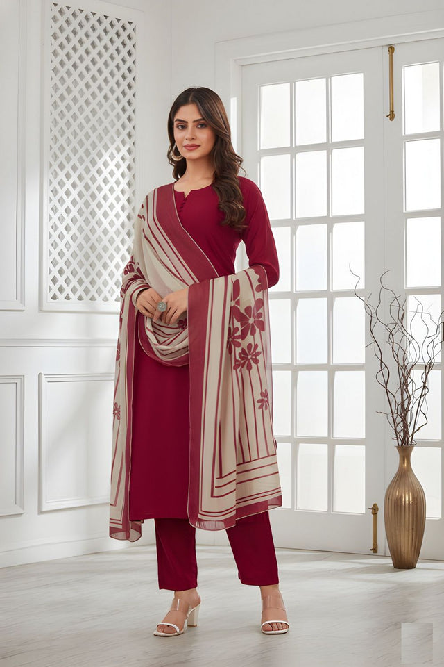 Red Solid Silk Kurti Pant Set (ACA8335)