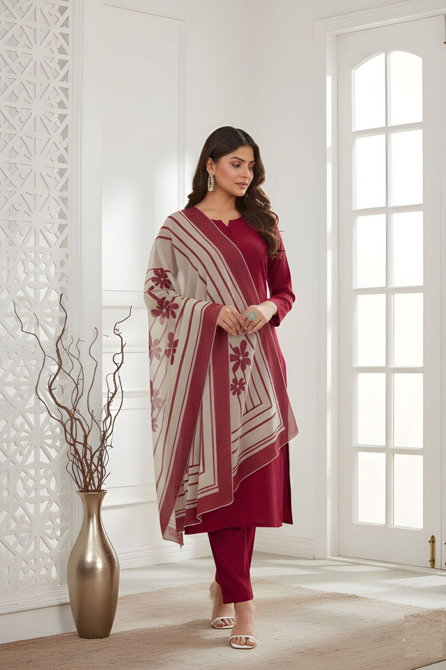 Red Solid Silk Kurti Pant Set (ACA8335)