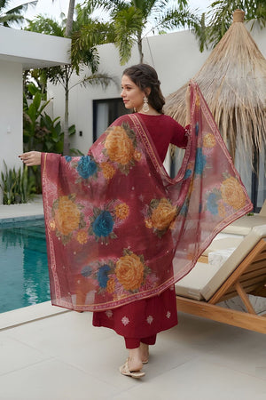 Maroon Embroidered Silk Kurti Pant Set (ACA8336)