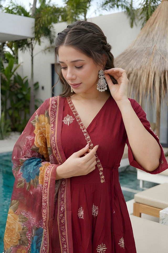 Maroon Embroidered Silk Kurti Pant Set (ACA8336)